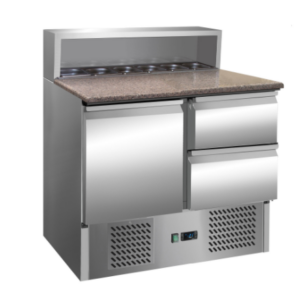 Pizza chladící stůl s chladící vitrínou 0,9x0,7 M/2 zásuvky + 1dveře (S vrchní částí z nerezavějící oceli a žulovou deskou - pro 5x GN 1/6)