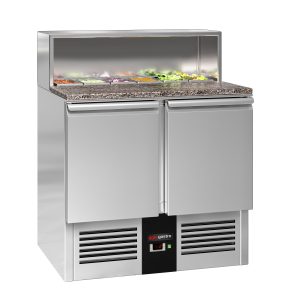Pizza chladící stůl s chladící vitrínou 0,9x0,7 M/2 dveře (S vrchní částí z nerezavějící oceli a žulovou deskou - pro 5x GN 1/6)