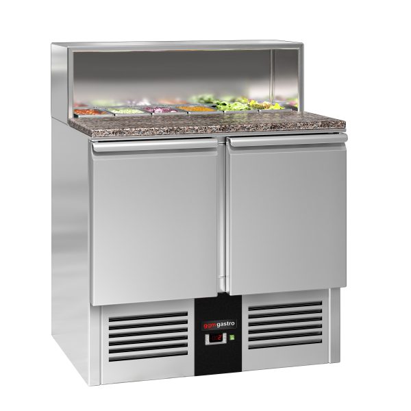Pizza chladící stůl s chladící vitrínou 0,9x0,7 M/2 dveře (S vrchní částí z nerezavějící oceli a žulovou deskou - pro 5x GN 1/6)