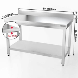 Nerezový pracovní stůl s lemem - 140 x 60 cm - se základní policí