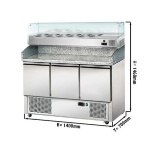 Chladící stůl na saláty / pizzu s vitrínou 1,4 x 0,7 m - se 3 dveřmi
