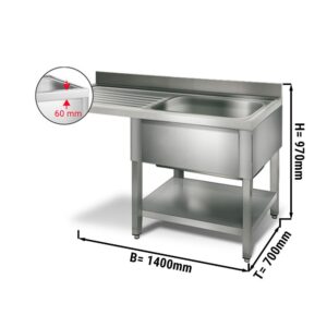Mycí stůl , nerezový dřez 1,4 x 0,7m - 1 dřez vpravo D 60 x Š 50 x H 30 cm