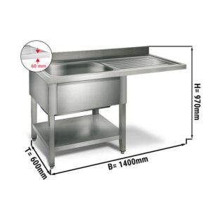 Mycí stůl , nerezový dřez 1,4 x 0,6m - 1 dřez vlevo D 50 x Š 40 x H 25 cm