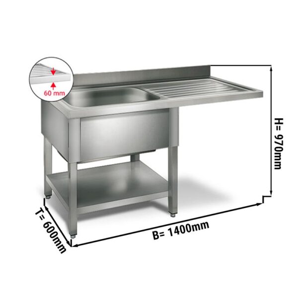 Mycí stůl , nerezový dřez 1,4 x 0,6m - 1 dřez vlevo D 50 x Š 40 x H 25 cm