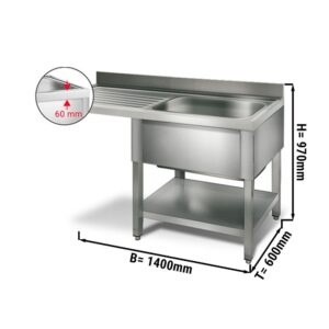 Mycí stůl , nerezový dřez 1,4 x 0,6m - 1 dřez vpravo D 50 x Š 40 x H 25 cm