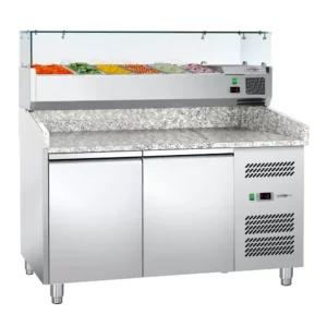 Chladící stůl na pizzu ECO - - 1,5 x 0,8 m - se 2 dveřmi (6x 1/3 GN se skleněnou deskou)