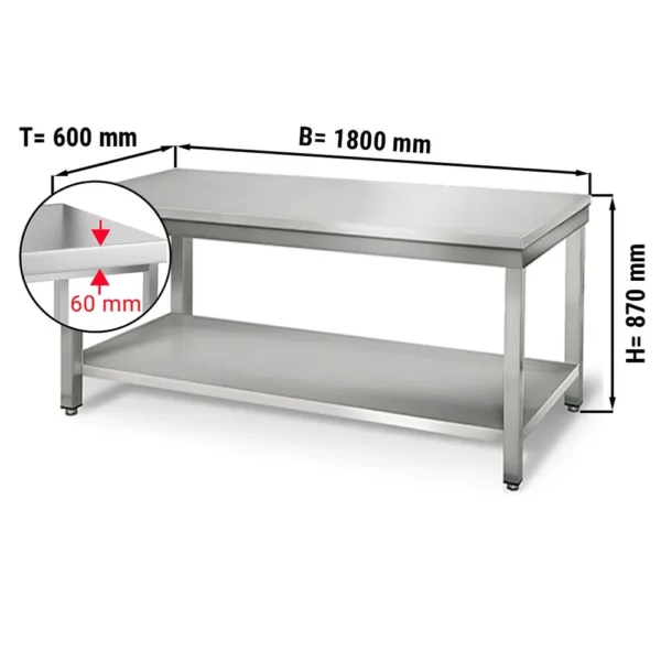 Nerezový pracovní stůl - 180 x 60 cm - se základní policí ATK186
