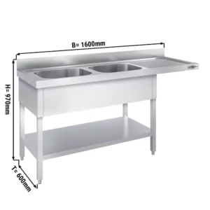 Mycí stůl, nerezový dvoudřez 1600x600mm - 2 umyvadla levo - Š400xH400xV250mm