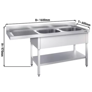 Mycí stůl, nerezový dvoudřez 1600x600mm - 2 umyvadla vpravo - Š400xH400xV250mm
