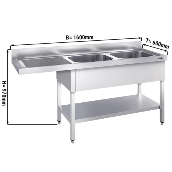 Mycí stůl, nerezový dvoudřez 1600x600mm - 2 umyvadla vpravo - Š400xH400xV250mm