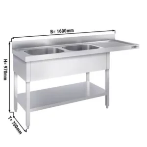 Mycí stůl, nerezový dvoudřez 1600x700mm - 2 umyvadla vlevo - Š400xH500xV250mm