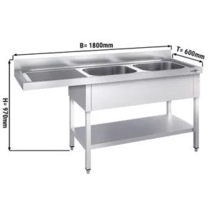 Mycí stůl, nerezový dvoudřez 1800x600mm - 2 umyvadla vpravo - Š500xH400xV250mm