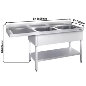 Mycí stůl, nerezový dvoudřez 1800x700mm - 2 umyvadla vpravo - Š500xH500xV300mm