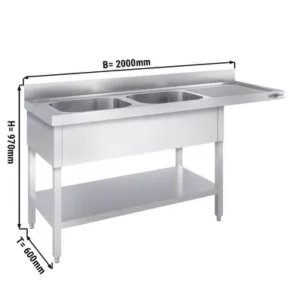 Mycí stůl, nerezový dvoudřez 2000x600mm - 2 umyvadla levo - Š500xH400xV250mm
