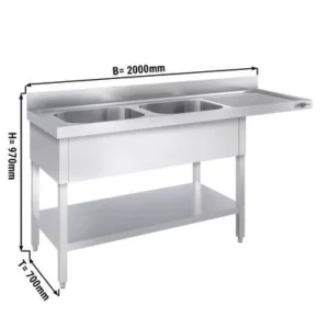 Mycí stůl, nerezový dvoudřez 2000x700mm - 2 umyvadla vlevo - Š600xH500xV300mm