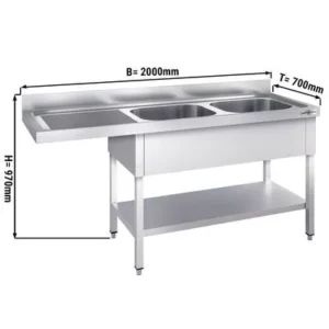 Mycí stůl, nerezový dvoudřez 2000x700mm - 2 umyvadla vpravo - Š600xH500xV300mm