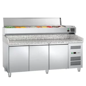 Chladící stůl na pizzu ECO - 2,0 x 0,8 m - se 3 dveřmi včetně chladící vitríny - 9x GN 1/3