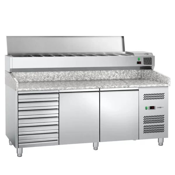 Chladící stůl na pizzu ECO - 2,0 x 0,8 m - se 2 dvířky a 7 neutrálními zásuvkami - Image 3