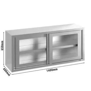 Nerezová nástěnná skříňka - 1400x400 mm - se skleněnými posuvnými dveřmi - výška 650 mm