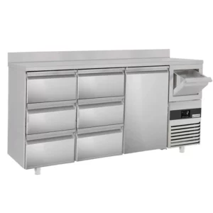 Barový a nápojový chladící stůl PREMIUM - 2130x600mm - 1 dvířka, 6 zásuvek, zásuvka a klepadlo na kávu