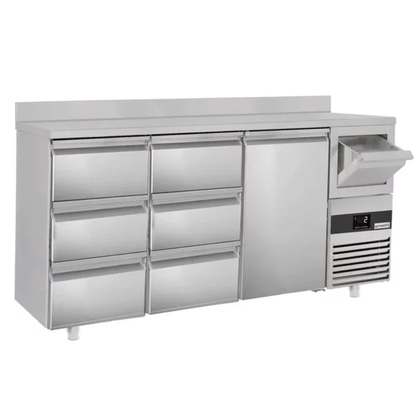 Barový a nápojový chladící stůl PREMIUM - 2130x600mm - 1 dvířka, 6 zásuvek, zásuvka a klepadlo na kávu