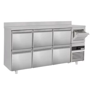 Barový a nápojový chladící stůl Premium - 2130x600mm - se 6 zásuvkami 1/2, podstavcem a klepačkou na kávu