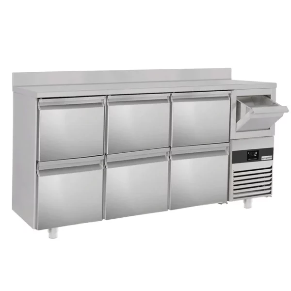 Barový a nápojový chladící stůl Premium - 2130x600mm - se 6 zásuvkami 1/2, podstavcem a klepačkou na kávu