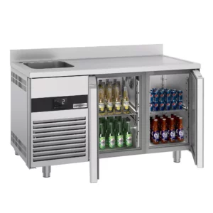 Chladící stůl PREMIUM - 1430x700 mm - se 2 dvířky, 1 umyvadlem vlevo a podstavcem