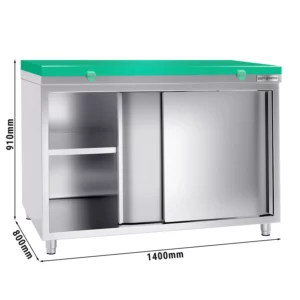 Nerezová pracovní skříň PREMIUM - 1400x800mm - s posuvnými dveřmi bez podstavce včetně řezné desky