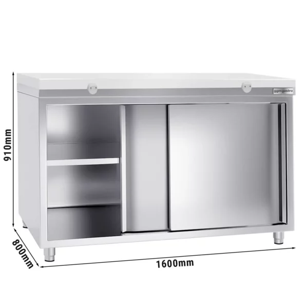 Nerezová pracovní skříň PREMIUM - 1600x800mm - s posuvnými dveřmi bez podstavce včetně řezné desky