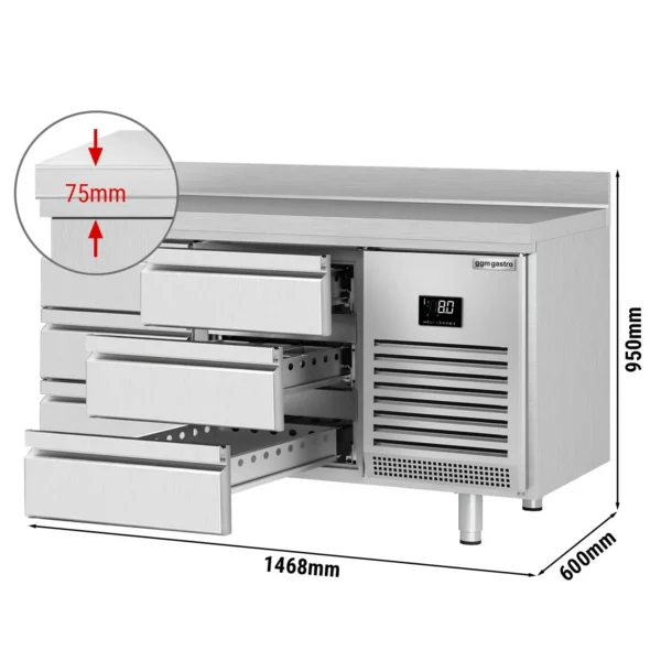 Chladící stůl PREMIUM PLUS - 1468x600 mm - se 6 zásuvkami a se zadní stěnou
