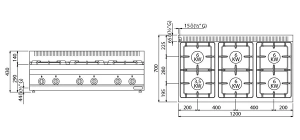 Plynový sporák - 36 kW - 6 hořáků - včetně podstavce se 3 dvířky - Image 5