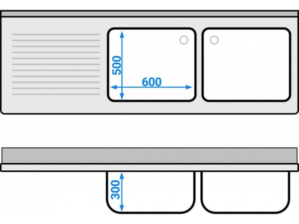 Mycí stůl, nerezový dvoudřez 2000x700mm - 2 umyvadla vpravo - Š600xH500xV300mm - Image 3