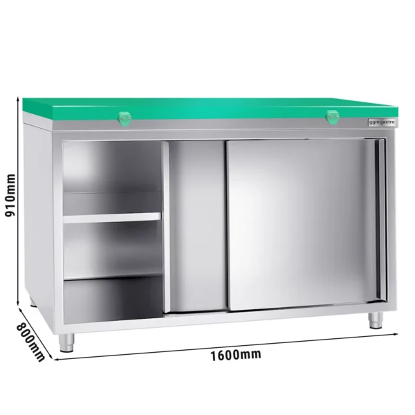 Nerezová pracovní skříň PREMIUM - 1600x800mm - s posuvnými dveřmi bez podstavce včetně řezné desky