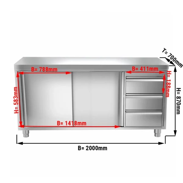 Pracovní nerezový stůl 2,0x0,7m a 3 zásuvkami vpravo - Image 6