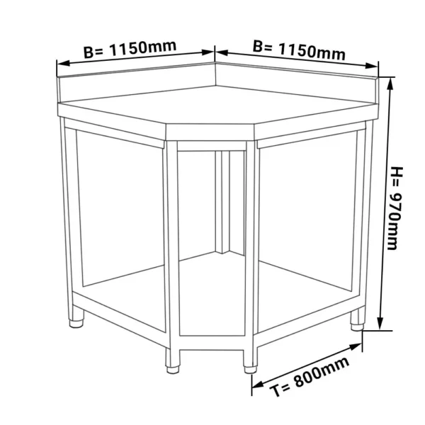 Nerezový rohový pracovní stůl - 1,15 x 0,8 m - se spodní policí & obkladovým panelem - Image 5