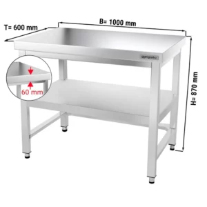 Nerezový pracovní stůl PREMIUM - 1000x600mm - s podnoží a výztuhou