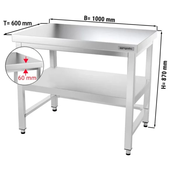 Nerezový pracovní stůl PREMIUM - 1000x600mm - s podnoží a výztuhou