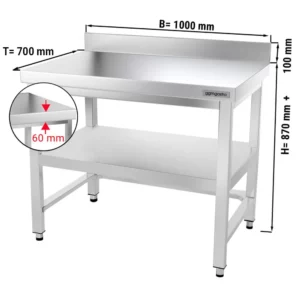 Nerezový pracovní stůl PREMIUM - 1000x700mm - s podnoží, podpěrou a výztuhou