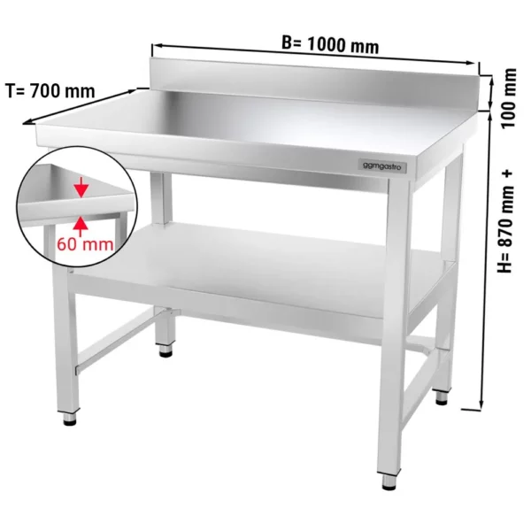 Nerezový pracovní stůl PREMIUM - 1000x700mm - s podnoží, podpěrou a výztuhou