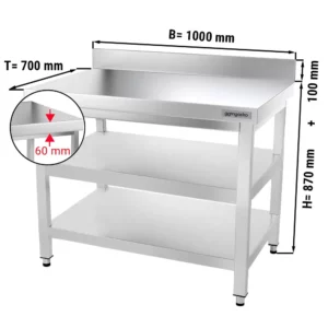 Nerezový pracovní stůl PREMIUM - 1000x700mm - se základní policí, podstavcem a mezipoličkou