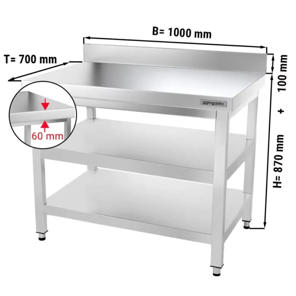 Nerezový pracovní stůl PREMIUM - 1000x700mm - se základní policí, podstavcem a mezipoličkou