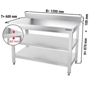 Nerezový pracovní stůl PREMIUM - 1200x600mm - se základní policí, podstavcem a mezipoličkou