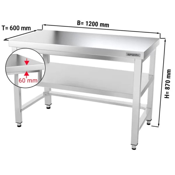 Nerezový pracovní stůl PREMIUM - 1200x600mm - s podnoží a výztuhou