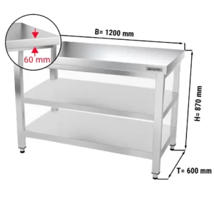 Nerezový pracovní stůl PREMIUM - 1200x600mm - se základní policí a mezipoličkou