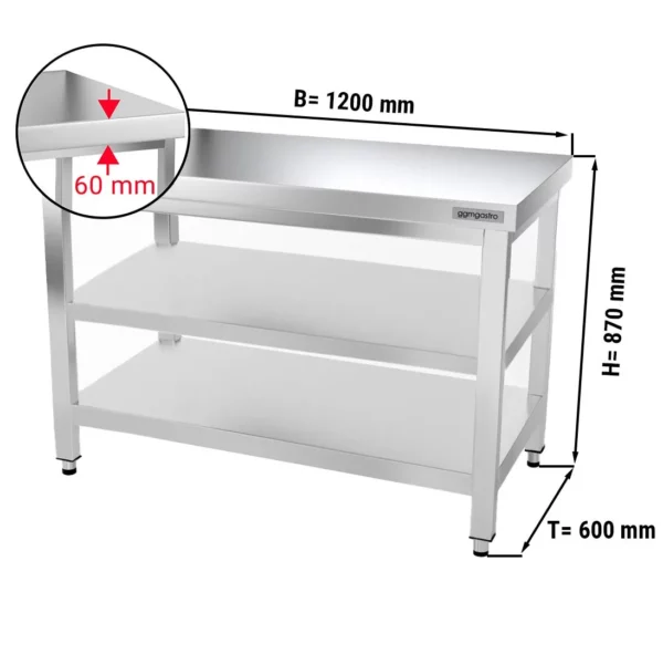 Nerezový pracovní stůl PREMIUM - 1200x600mm - se základní policí a mezipoličkou