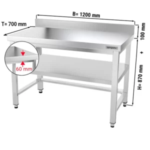 Nerezový pracovní stůl PREMIUM - 1200x700mm - s podnoží, podpěrou a výztuhou