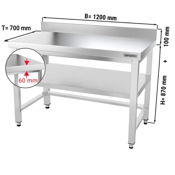 Nerezový pracovní stůl PREMIUM - 1200x700mm - s podnoží, podpěrou a výztuhou