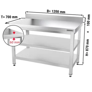 Nerezový pracovní stůl PREMIUM - 1200 x 700 mm - se základní policí, stojanem a mezipoličkou