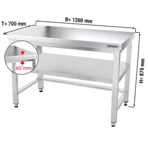 Nerezový pracovní stůl PREMIUM - 1200x700mm - s podnoží a výztuhou